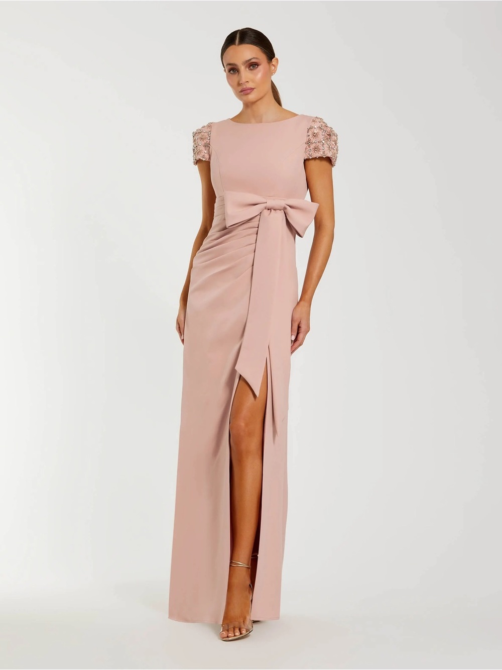 Mac Duggal 50054 Pink Beaded Cap Sleeve Crepe Gown With Bow and Slit sz 4